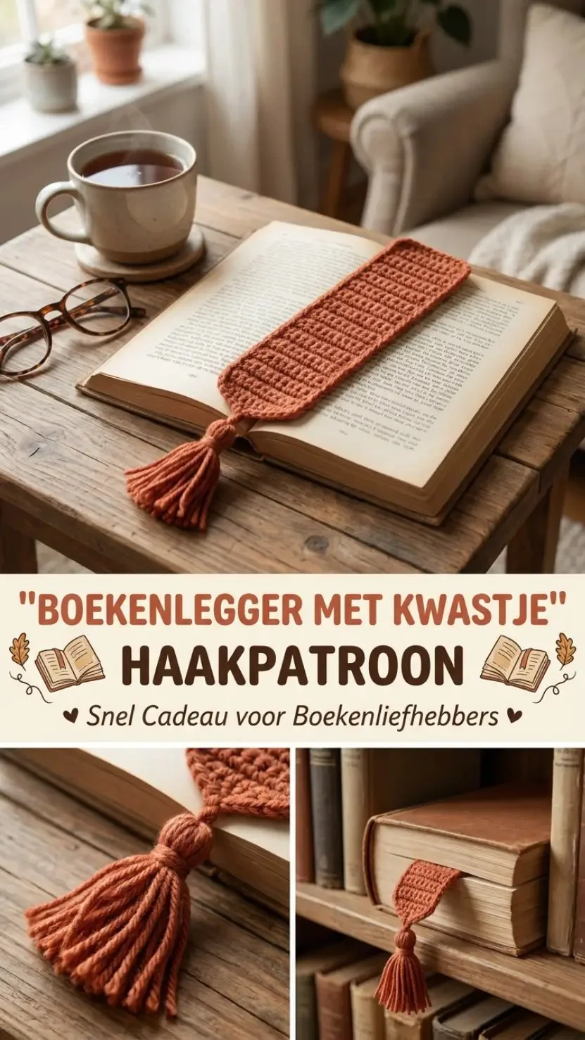 Boekenlegger met kwastje haakpatroon voor een snel en creatief cadeau.