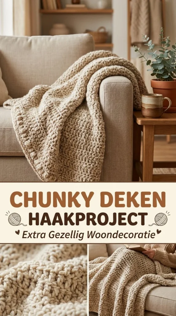 Chunky wollen deken haken met een eenvoudig haakpatroon voor beginners.