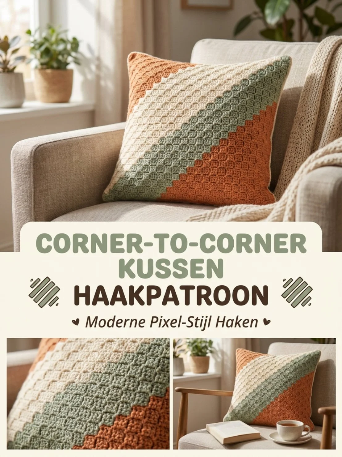 Hoek-tot-hoek kussen haken in moderne pixel-stijl