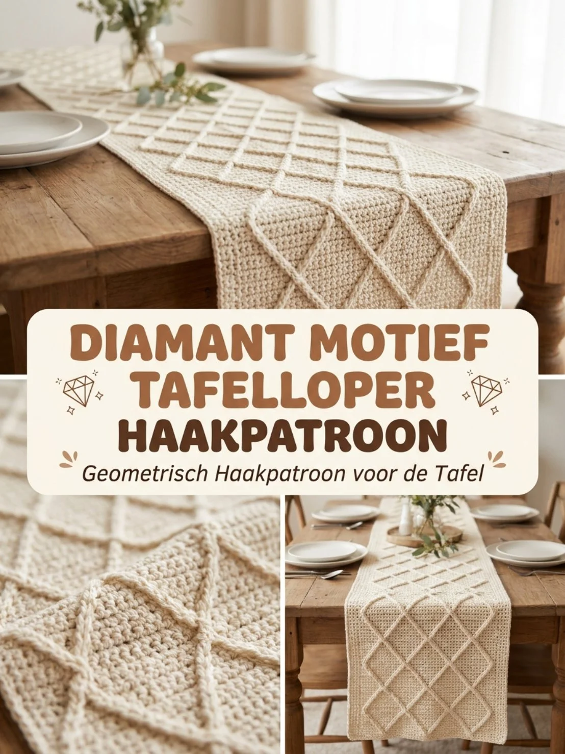 Diamant motief tafelloper met geometrisch haakpatroon