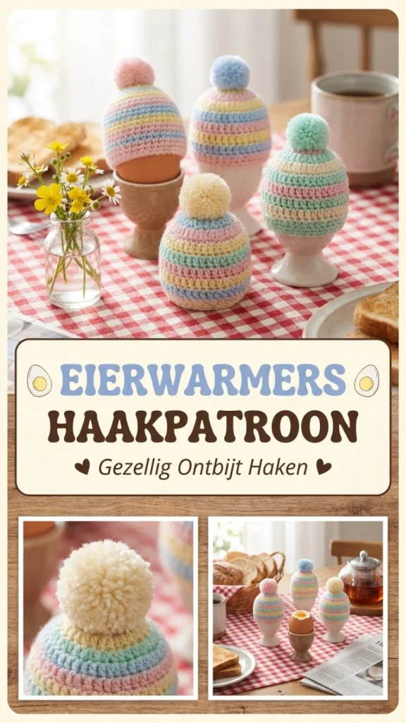 Eierwarmers haakpatroon met kleurrijke ontwerpen en verschillende stijlen.