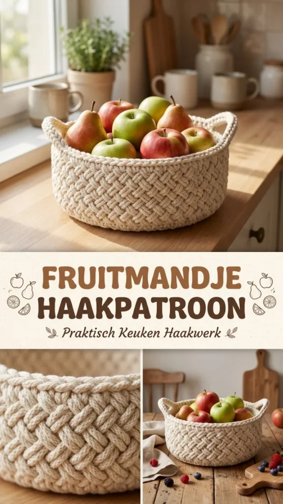 Praktisch keuken haakpatroon voor een fruitmandje gemaakt van garen.