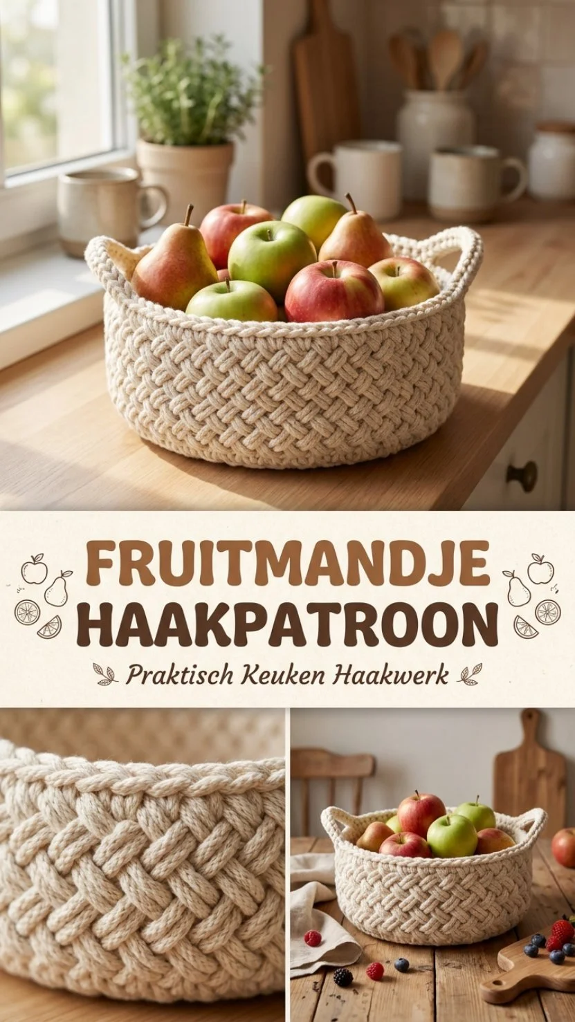 Praktisch keuken haakpatroon voor een fruitmandje gemaakt van garen.