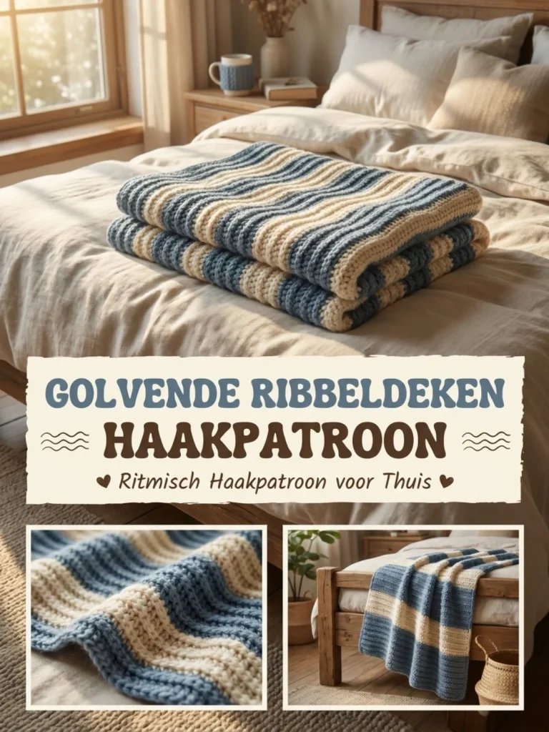 Golvende ribbeldeken haakpatroon in diverse kleuren en texturen