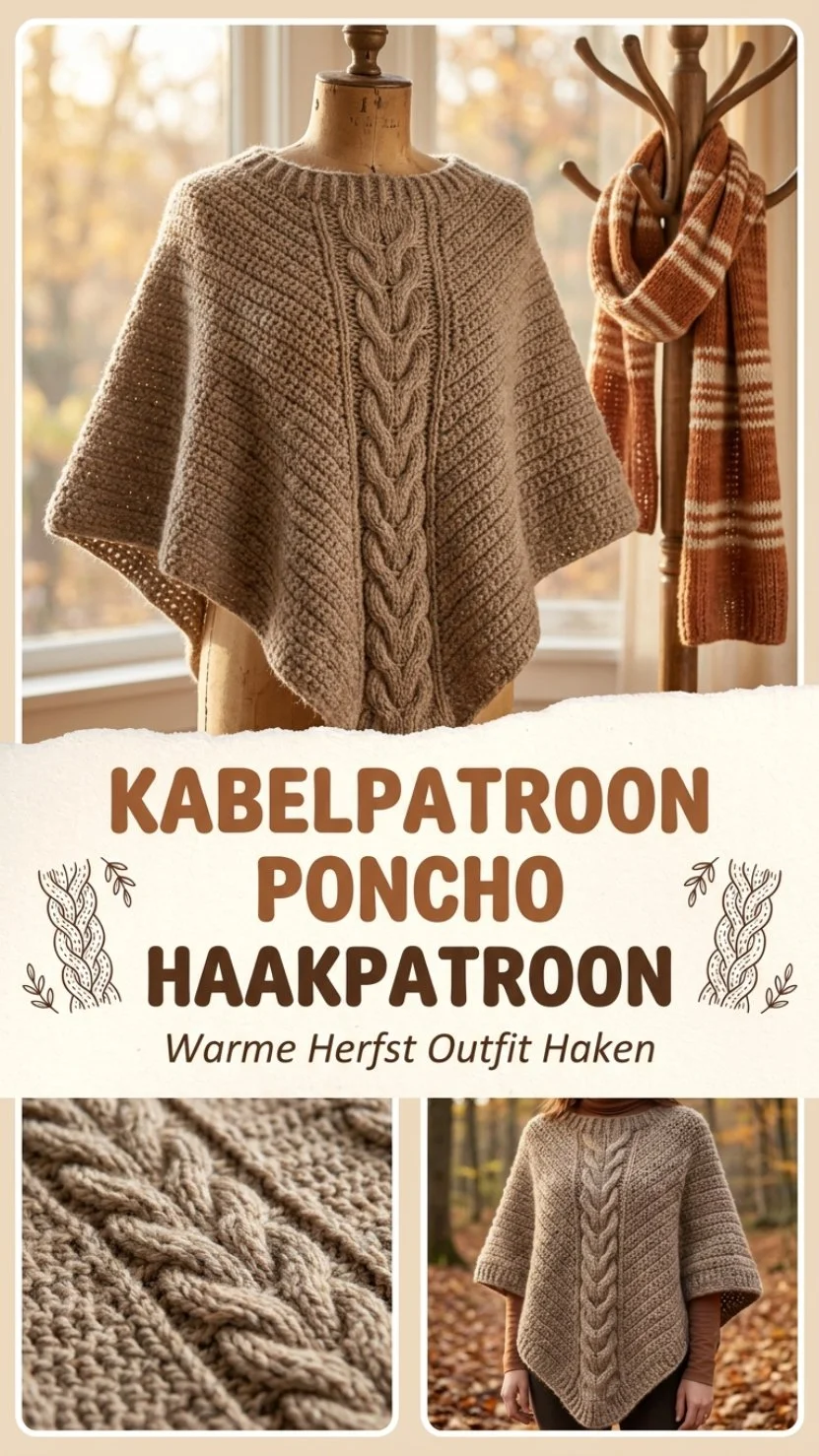 Kabelpatroon Poncho voor een stijlvolle herfstlook met warme tinten.