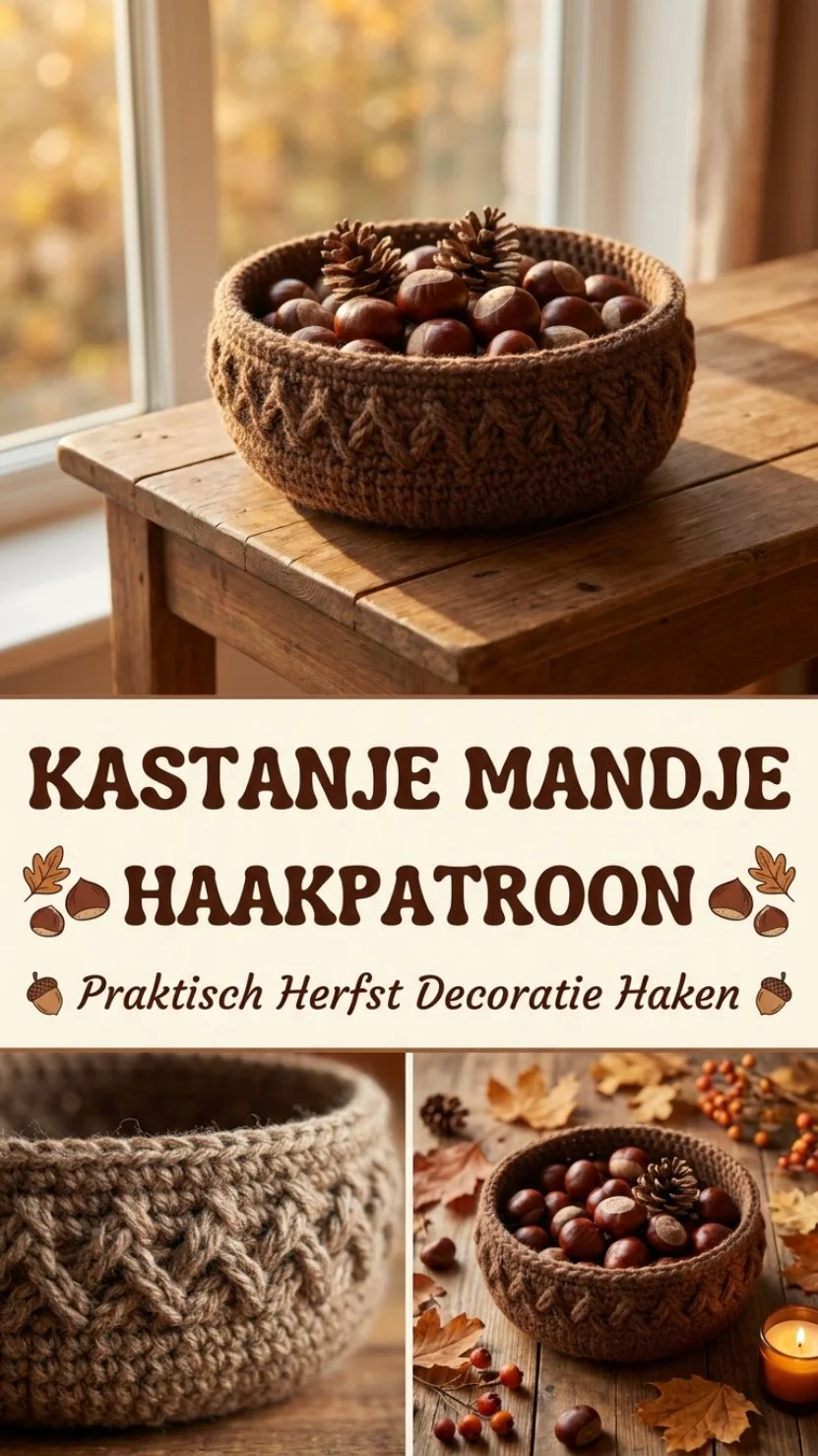 Gehaakt kastanje mandje als herfst decoratie in warme kleuren