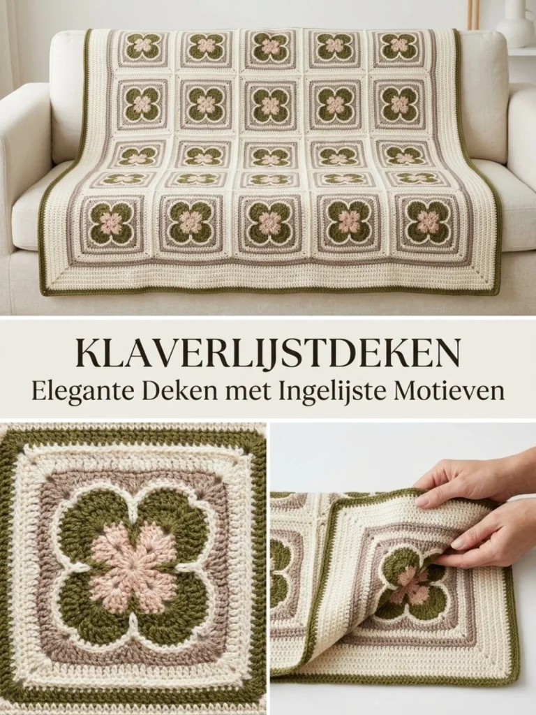 Klaverlijstdeken haakpatroon met kleurrijke garen en complexe steken
