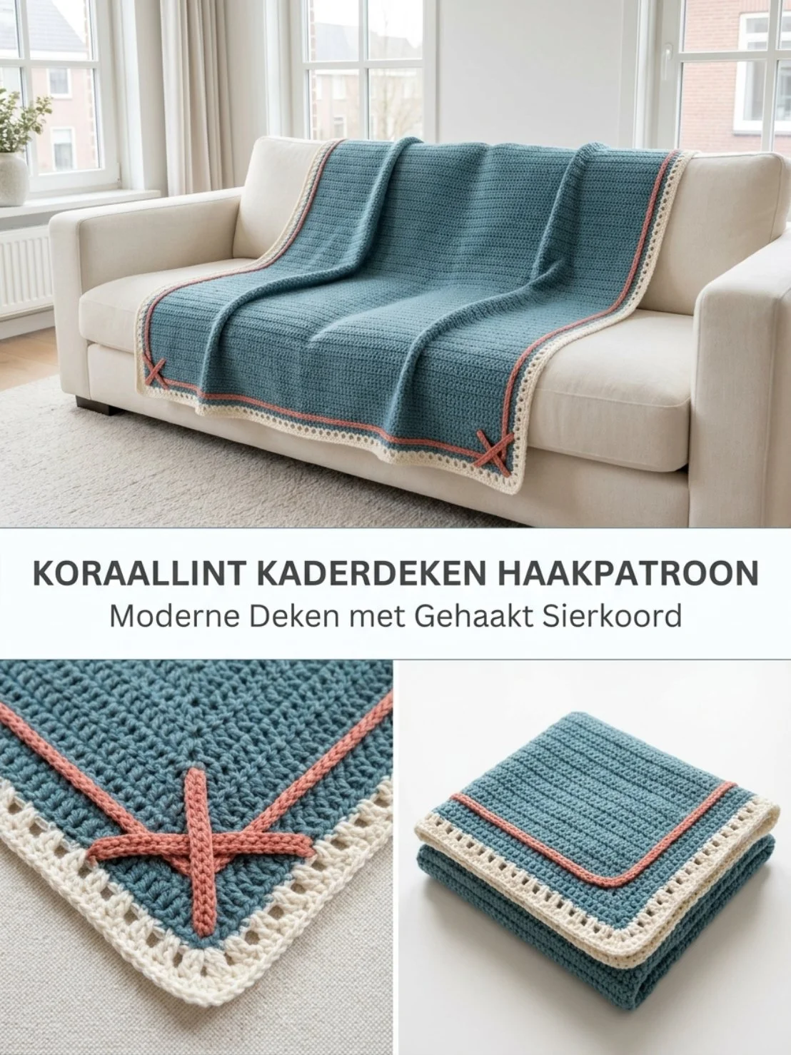 Kaderdeken haakpatroon met koraallint in stijlvolle kleuren
