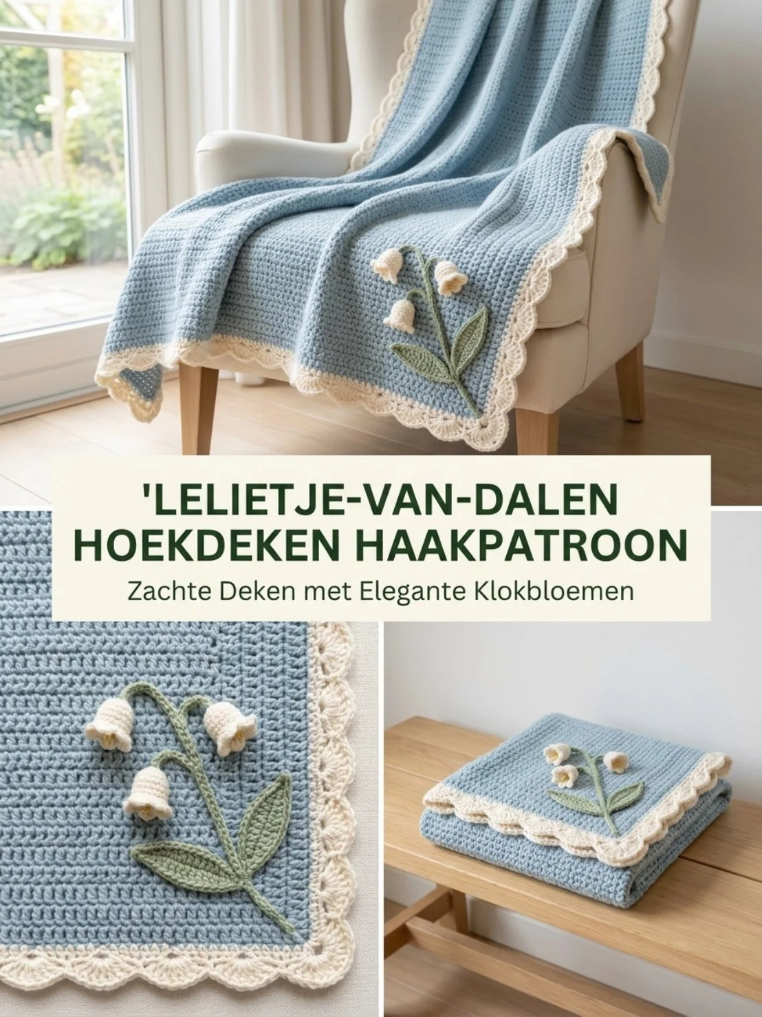 Hoekdeken haakpatroon Lelietje-van-dalen met kleurrijke garen.