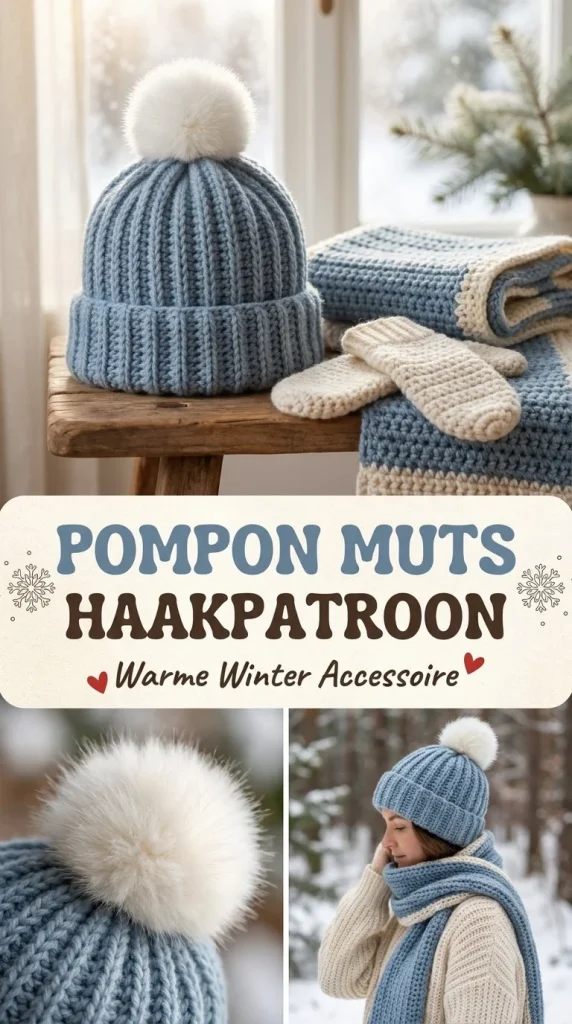 Muts met pompon haken volgens een winter haakpatroon
