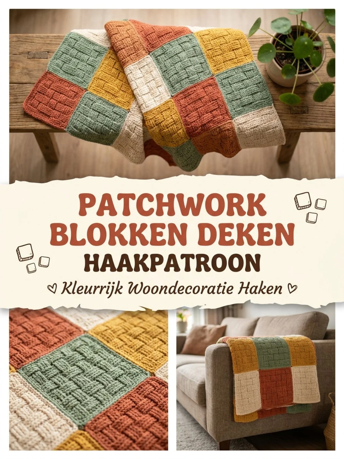 Kleurrijk haakpatroon voor een patchwork blokken deken, ideaal voor haken thuis.