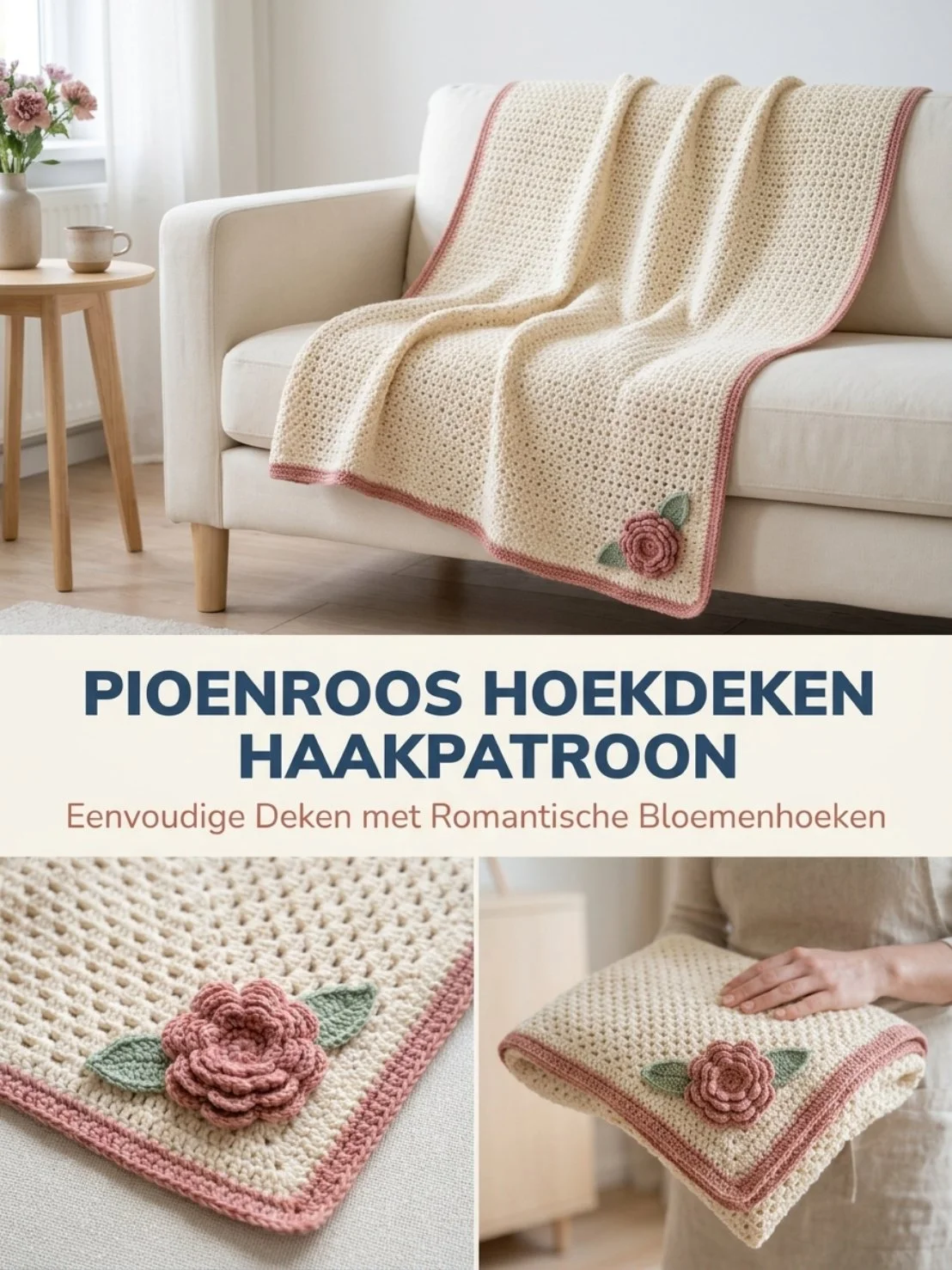 Pioenroos Haakpatroon voor Hoekdeken, haakproject met kleurrijke bloemen