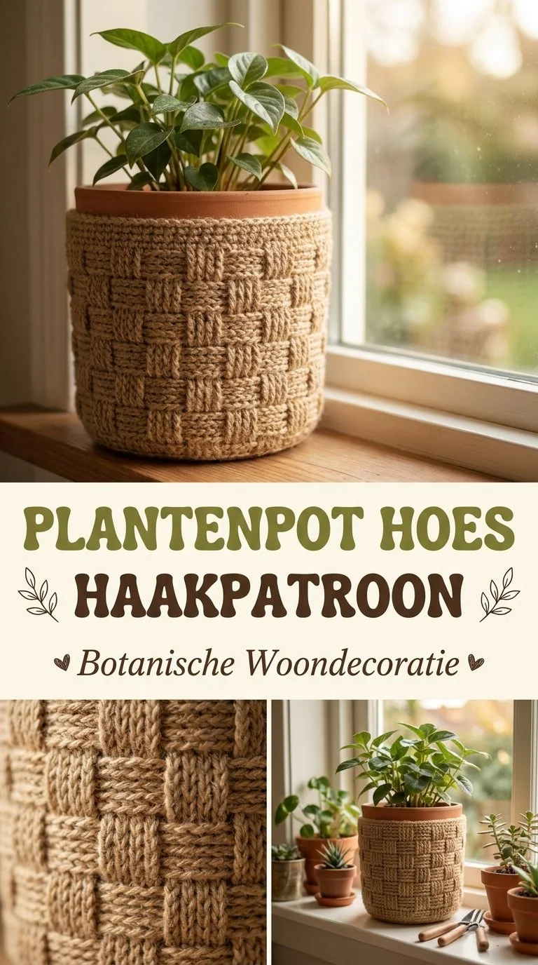 Stylish plantenpot hoes haken met botanisch patroon voor decoratie.