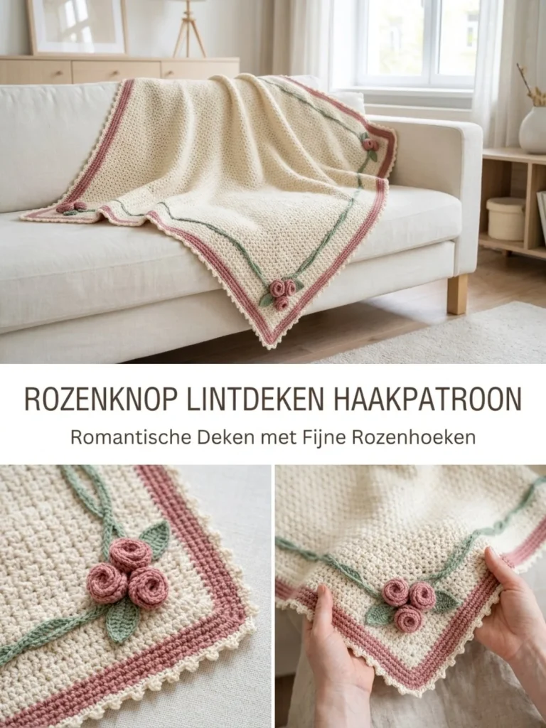 Roze Lintdeken Haakpatroon met rozenknop design