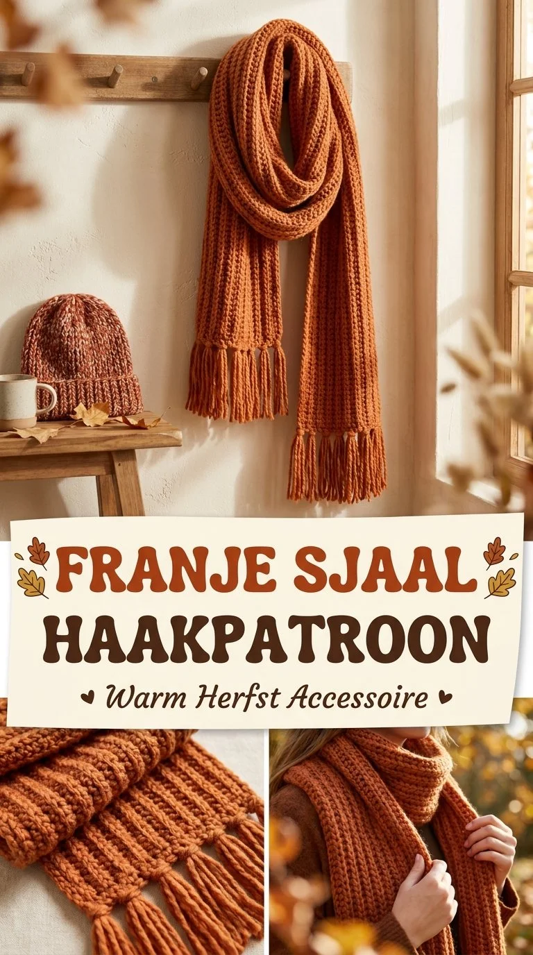 Haakpatroon voor sjaal met franjes, ideaal voor de herfst.