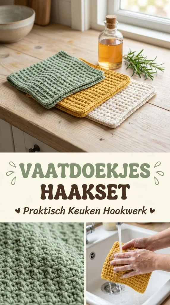 Zelfgemaakte vaatdoekjes haken, praktische haakset en patroon voor je keuken.