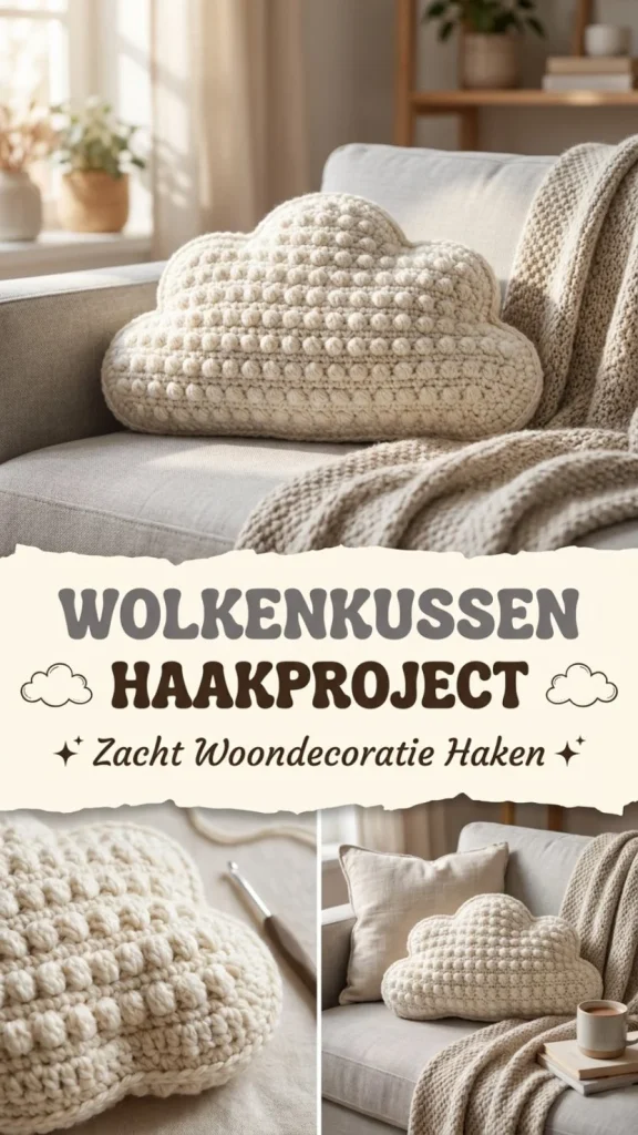 Wolkenkussen haakpatroon voorbeeld met kleurrijke garen.