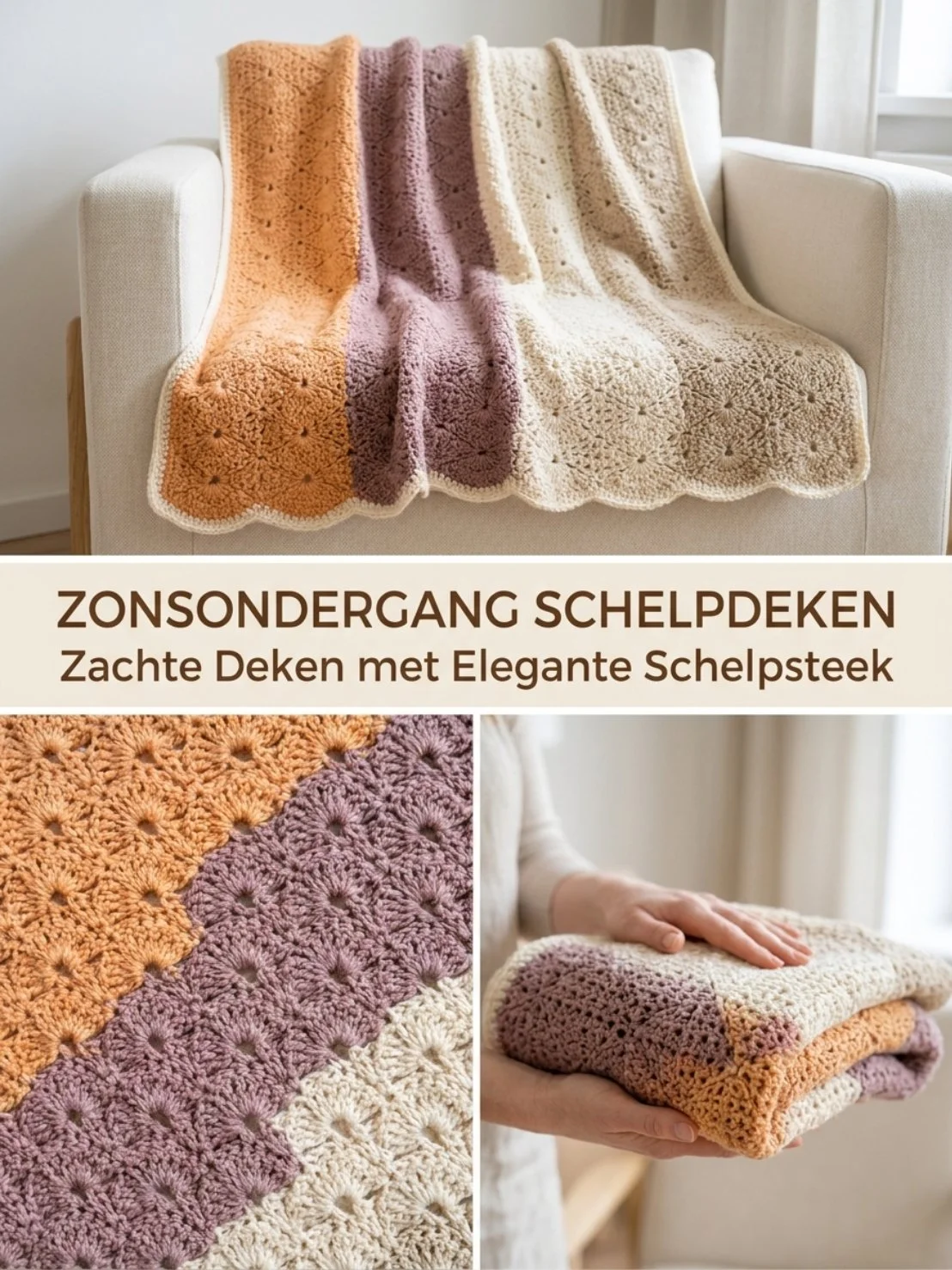 Zonsondergang schelpdeken haakpatroon in kleurrijk ontwerp