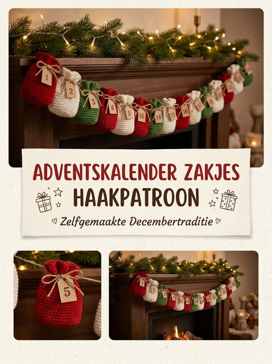 Zelfgemaakte Adventskalender zakjes en slinger haken voor Decembertraditie.