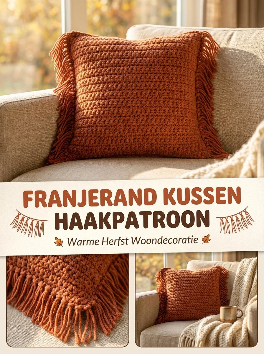Franjerand Kussen voor herfst haken, perfecte decoratie voor een warme woonruimte.
