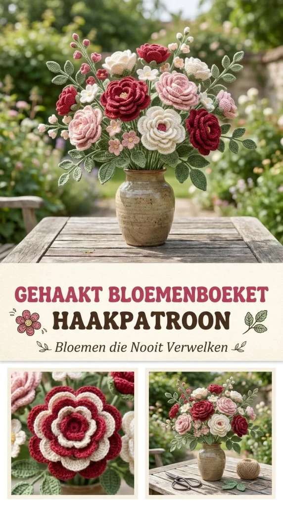 Gehaakt bloemenboeket van kleurrijke, duurzame bloemen die nooit verwelken.
