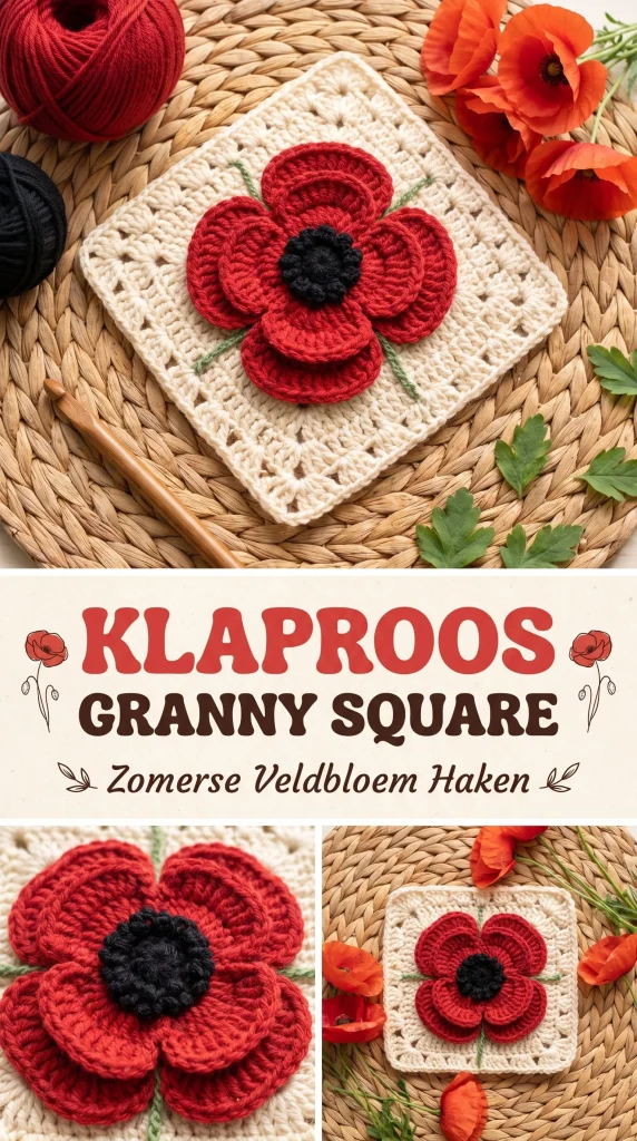 Klaproos granny square met zomerse veldbloem patroon, gehaakt ontwerp