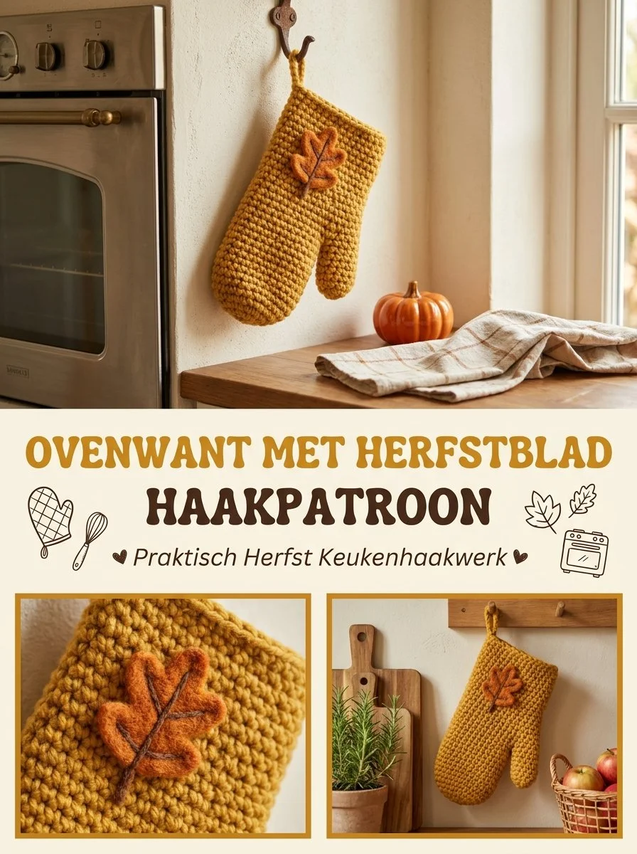 Ovenwant met herfstblad haken voor praktisch herfst keukenhaakwerk