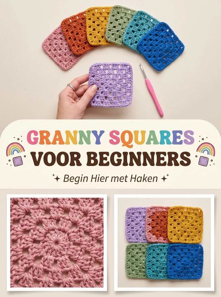 Kleurrijke Regenboog Granny Squares gehaakt voor creatieve projecten.