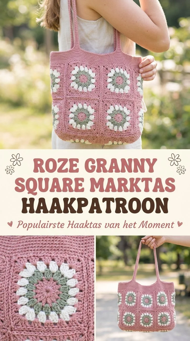 Roze Granny Square marktas voor haken en haakprojecten