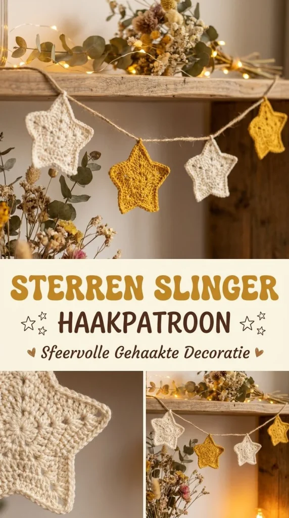 Sfeervolle gehaakte sterren slinger ter decoratie van je interieur.