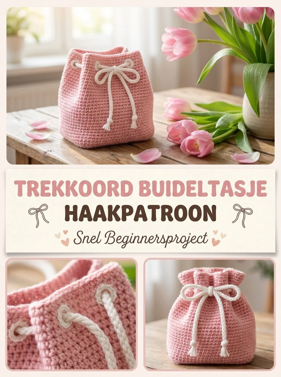 Trekkoord buideltasje haken voor beginnersprojecten.