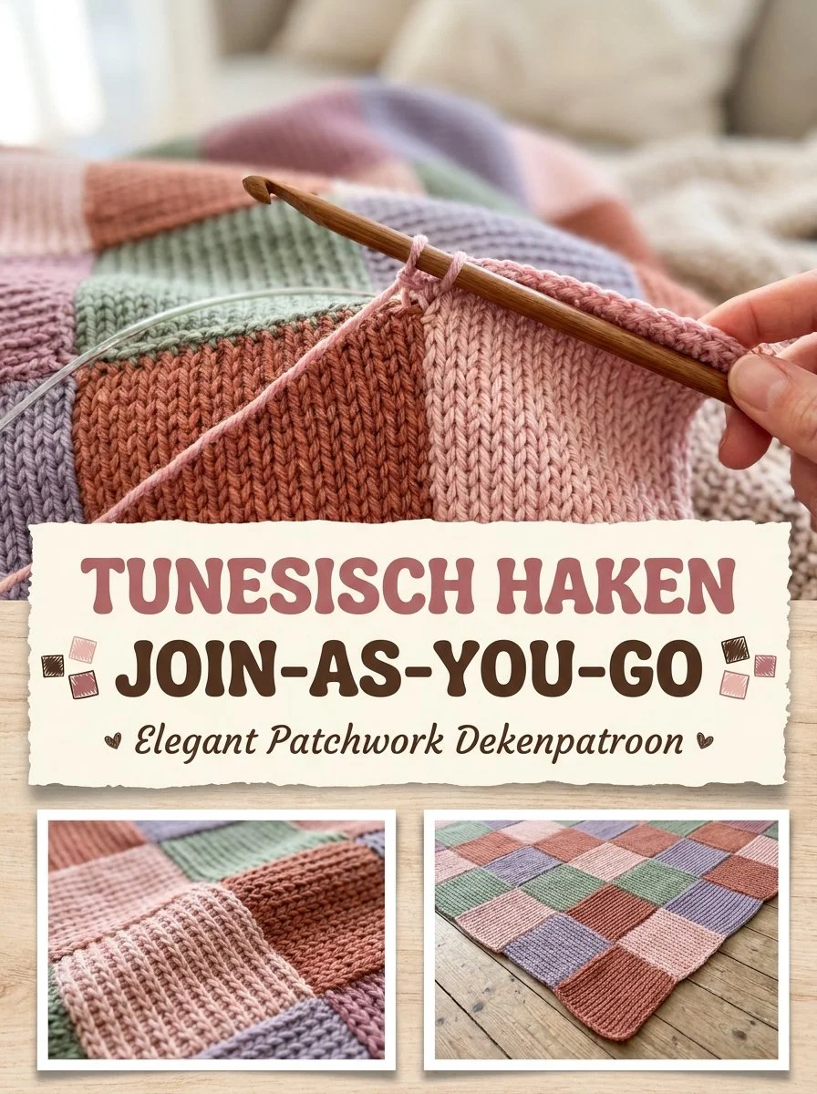 Tunesisch haken join-as-you-go deken met elegant patchwork patroon