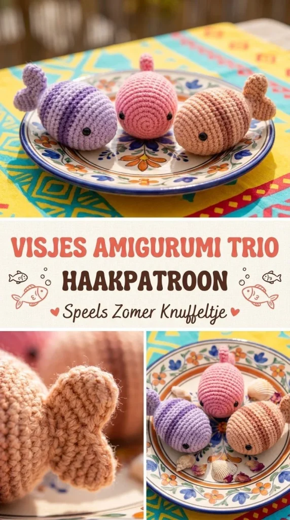 Amigurumi trio van schattige gehaakte visjes in verschillende kleuren.