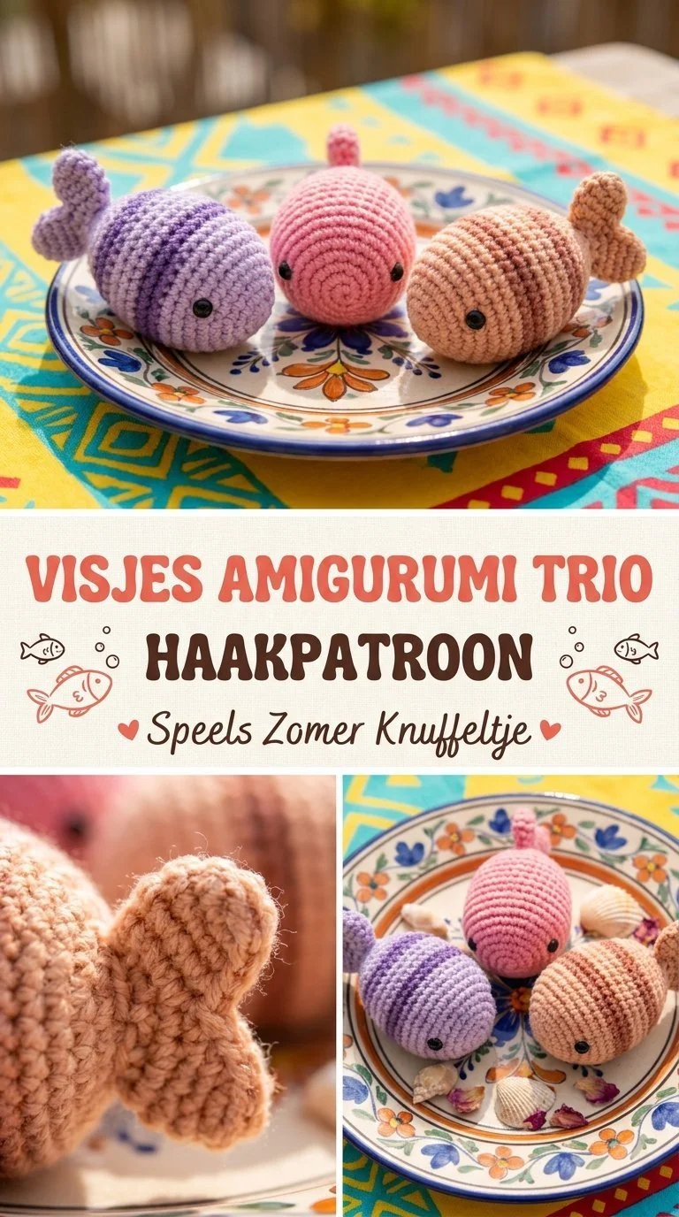 Amigurumi trio van schattige gehaakte visjes in verschillende kleuren.