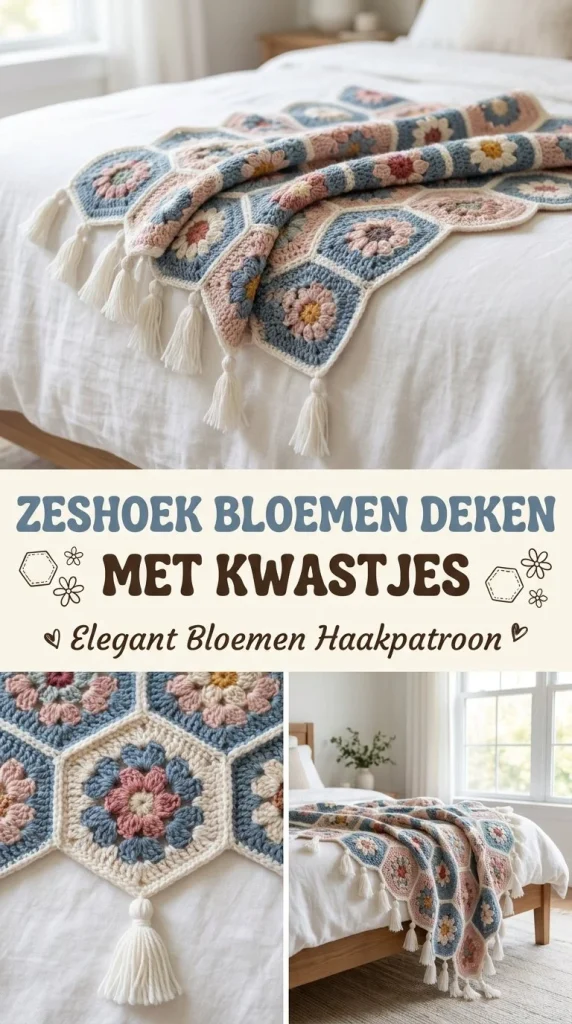 Zeshoek bloemen deken met kwastjes haken en elegant bloemenpatroon
