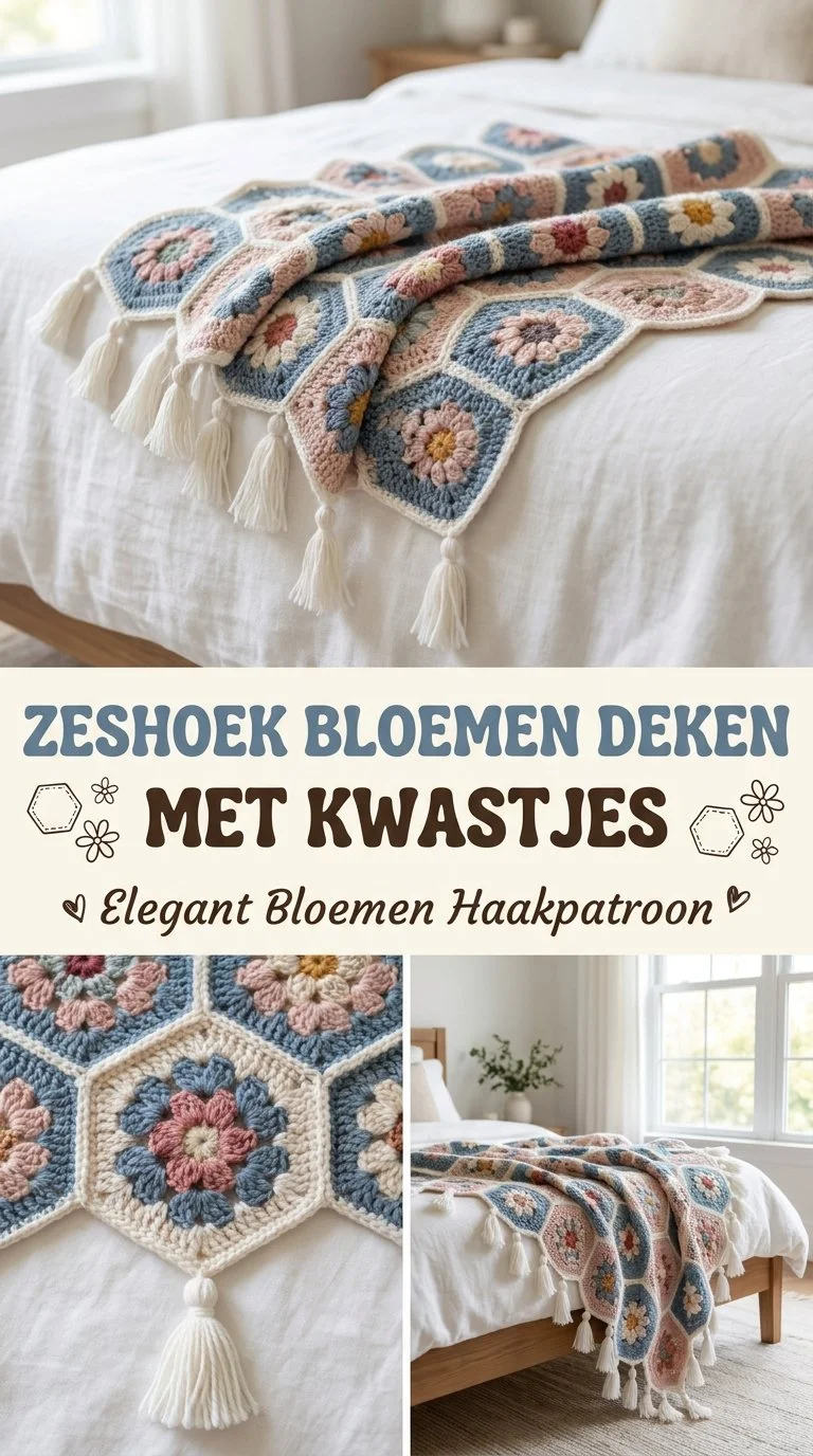 Zeshoek bloemen deken met kwastjes haken en elegant bloemenpatroon